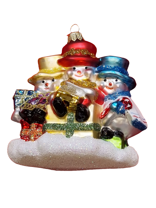 European Glass Christmas ornament of a Three Snowmen with Hats & Presents (U)