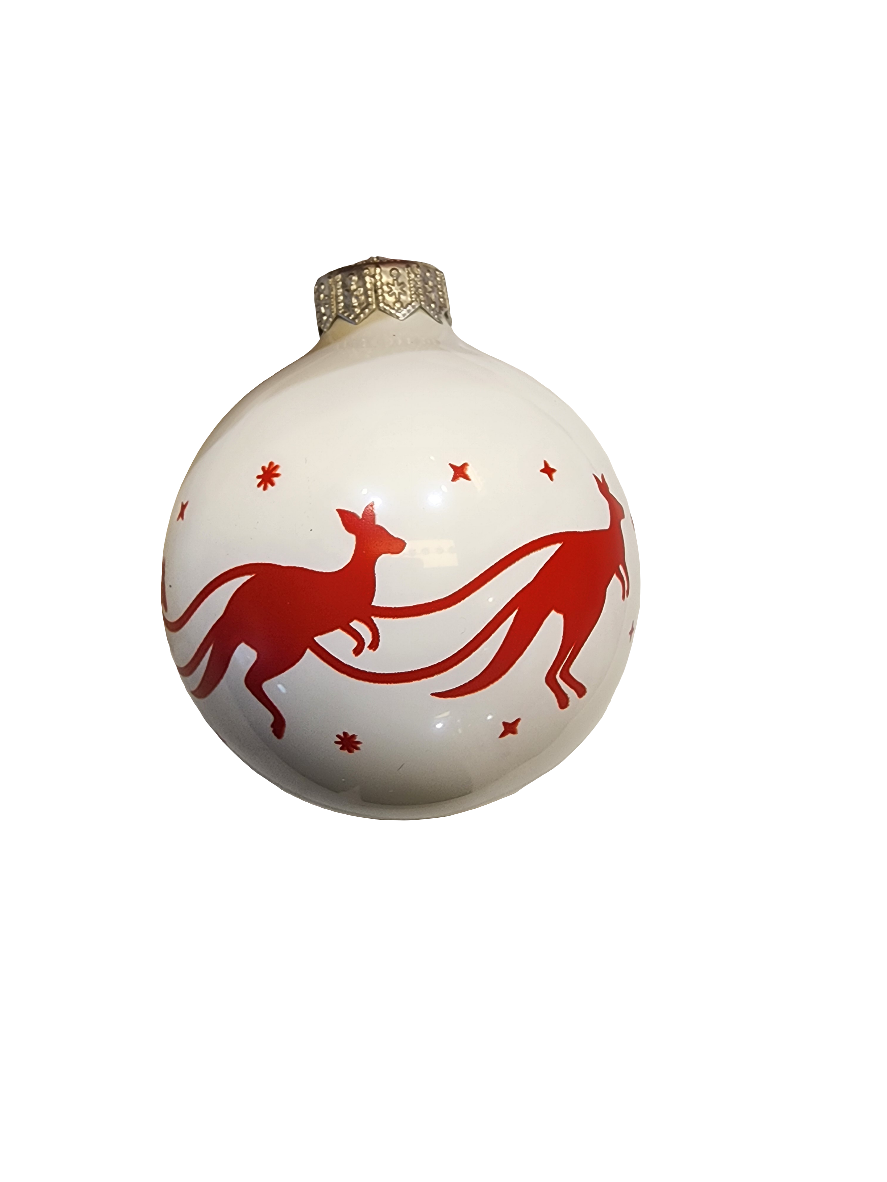 Weihnachtskugel | Weiß mit Weihnachtsmannschlitten und Kängurus (I)
