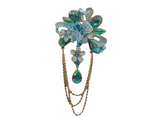 European Glass Christmas ornament of a Blue & Green Crystal Flower with Gold Chain | Brooch VII