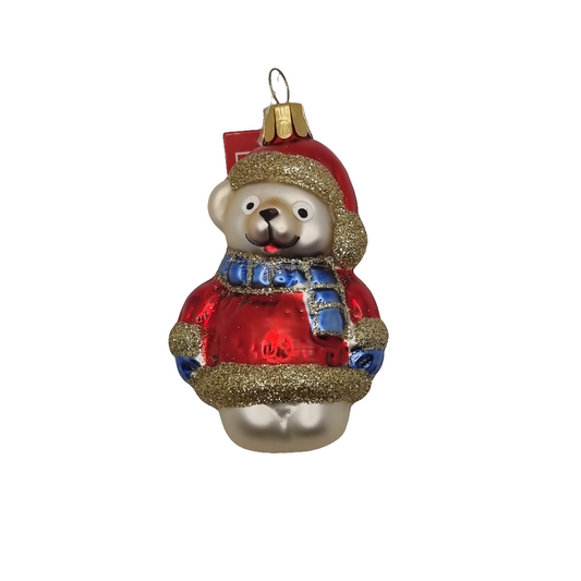 European Glass Christmas ornament of a Bear | Teddy Bear with Jumper, Scarf, Gloves & Hat (G)