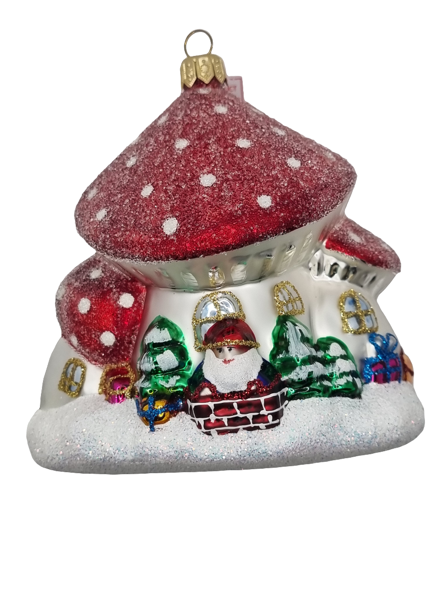 European Glass Christmas ornament of a Mushroom Cottage (W)