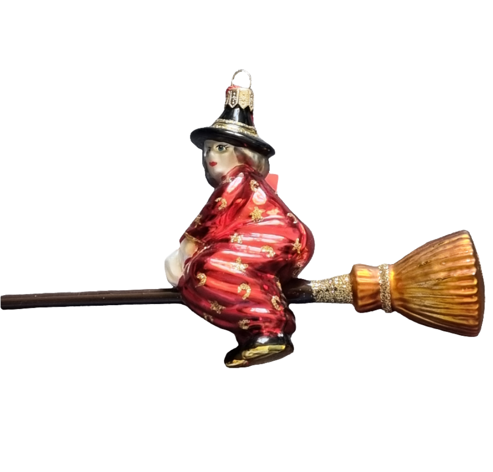 European Glass Christmas ornament of a Witches on Broomsticks (W)