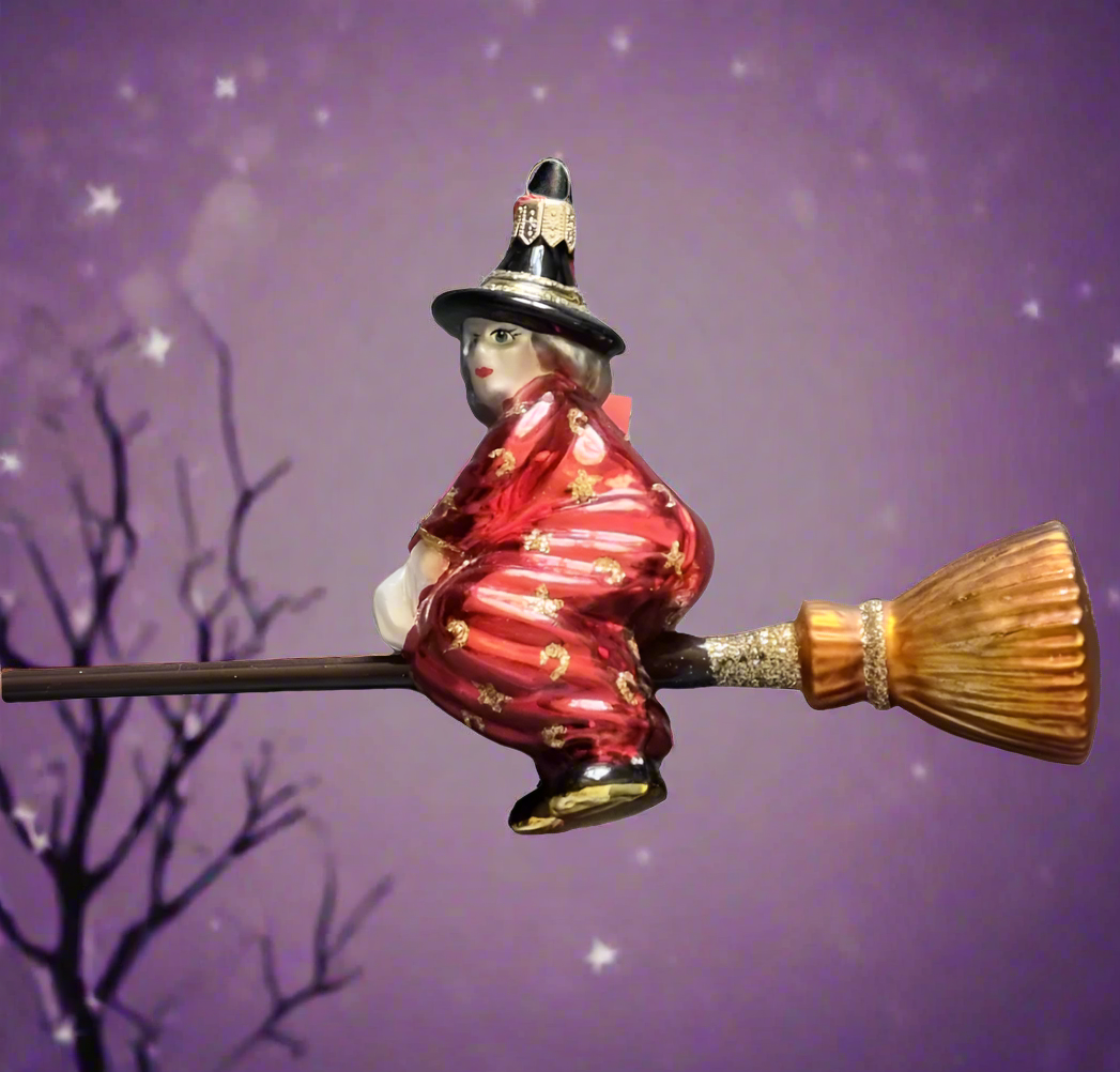 European Glass Christmas ornament of a Witches on Broomsticks (W)