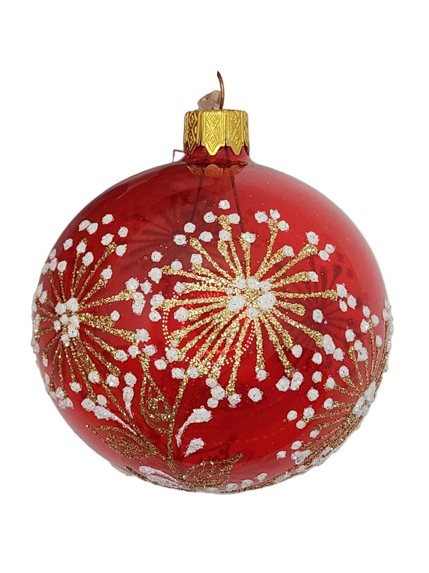 Red Christmas ornament with gold and white decorations against a white background