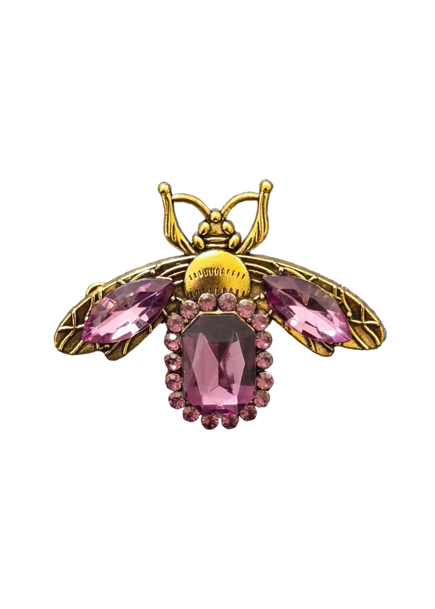 A gold-tone bumblebee brooch featuring pink marquise-cut rhinestones on the wings and a central pink faceted gemstone surrounded by small pink rhinestones.