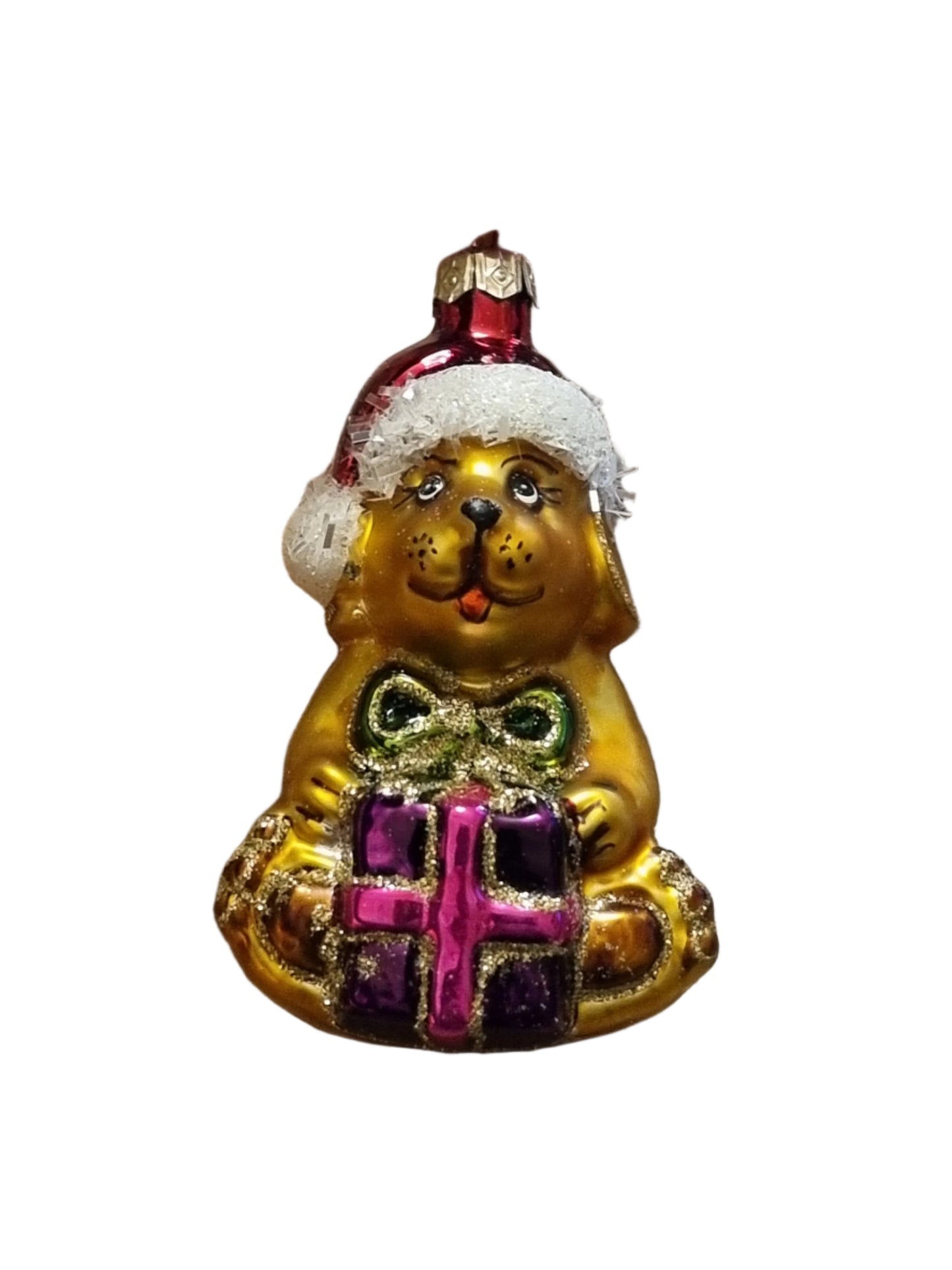 European Glass Christmas ornament of a Dog | with Hat and Present (K)