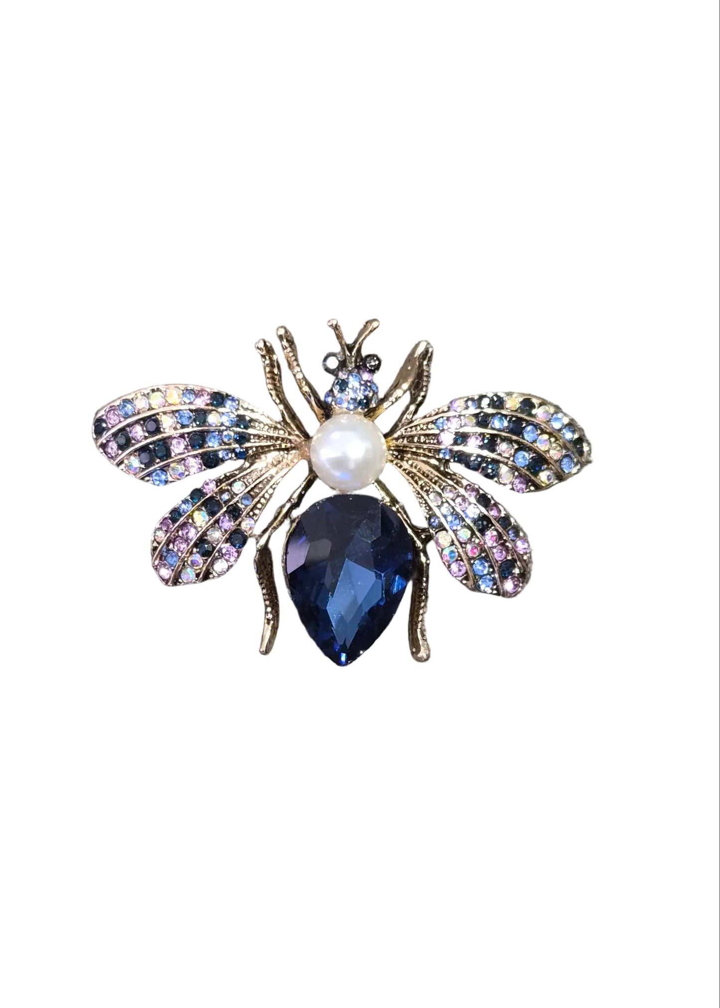 A bee-shaped brooch with iridescent wings, a white pearl center, and a dark blue teardrop crystal
