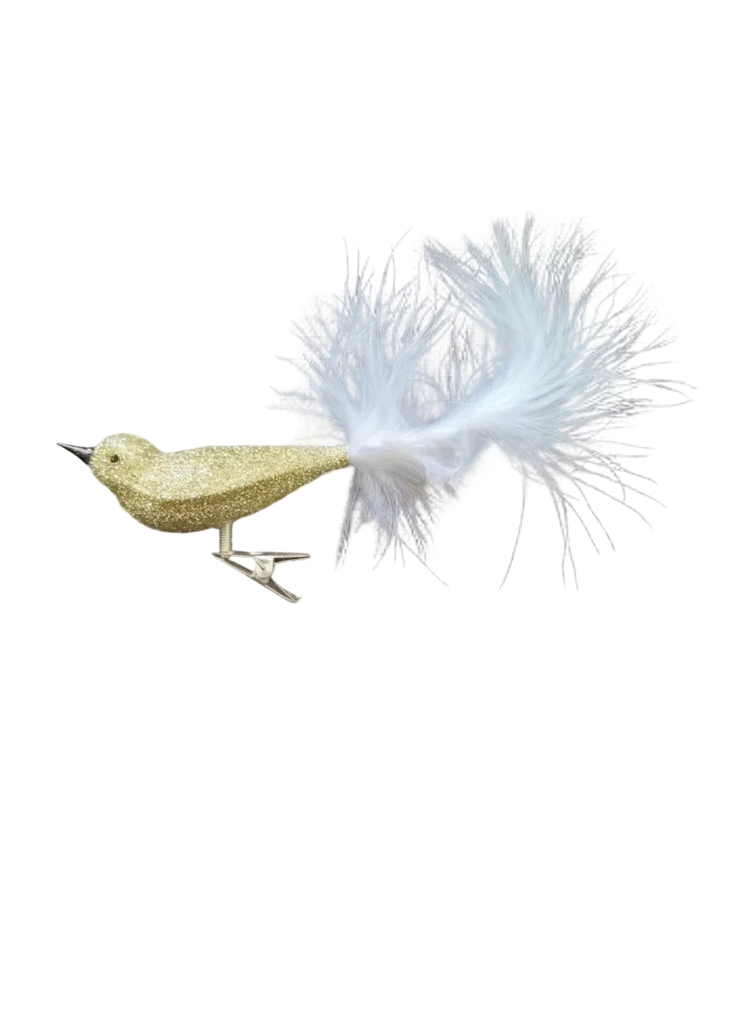 A small decorative bird ornament with a glittery gold body, black beak, and a long white feather tail.