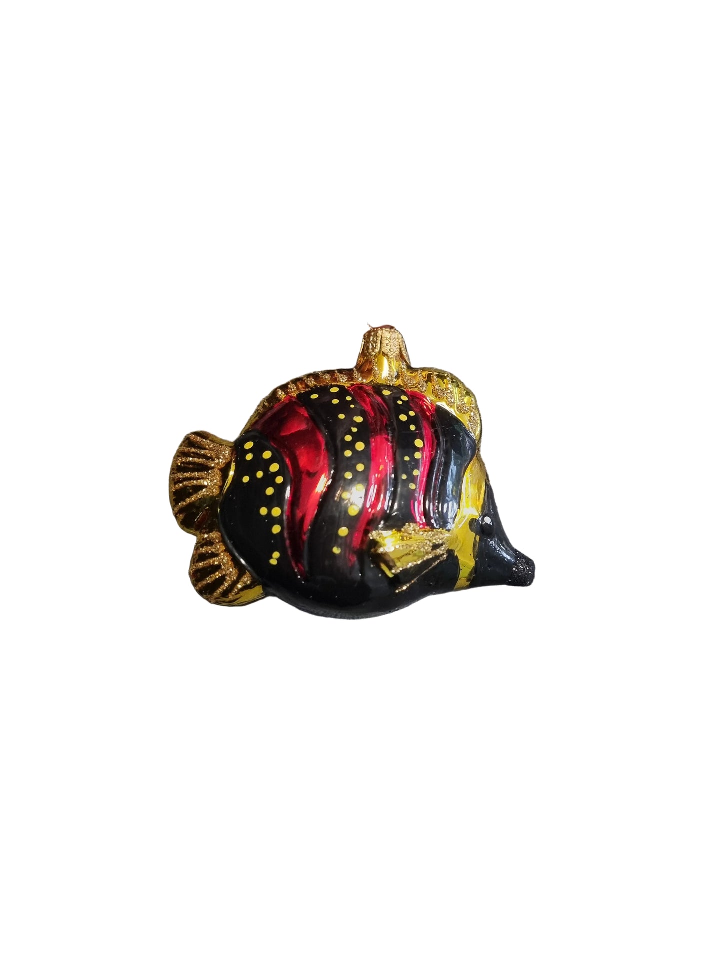 Decorative fish glass Christmas ornament with red, yellow, and black patterns