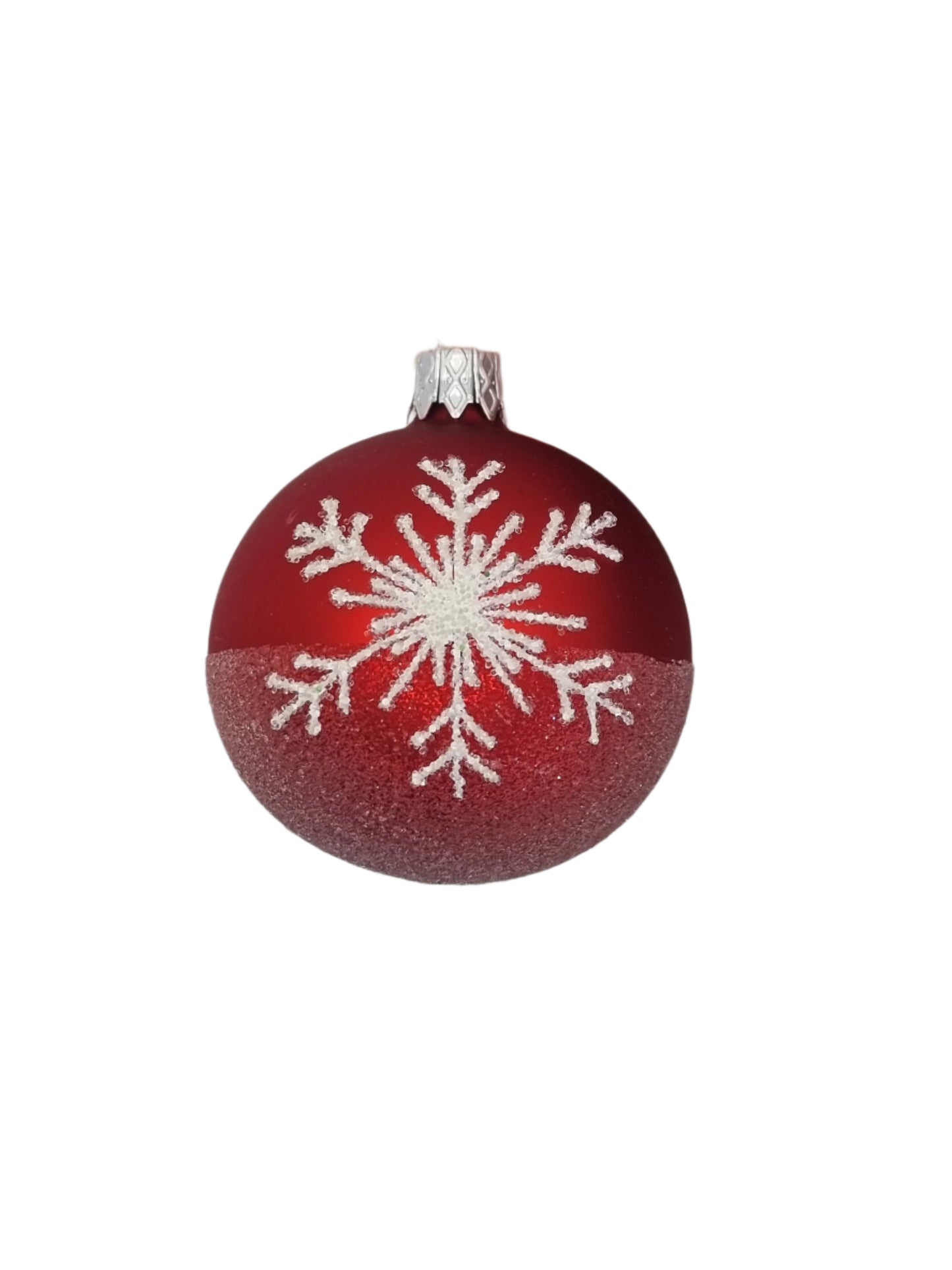 Christbaumkugel | Klein Rot mit gefrosteter Schneeflocke (I)