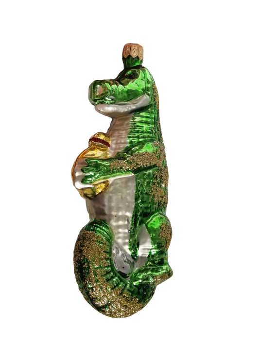 European Glass Christmas ornament of a Crocodile / Alligator with Clock (T)