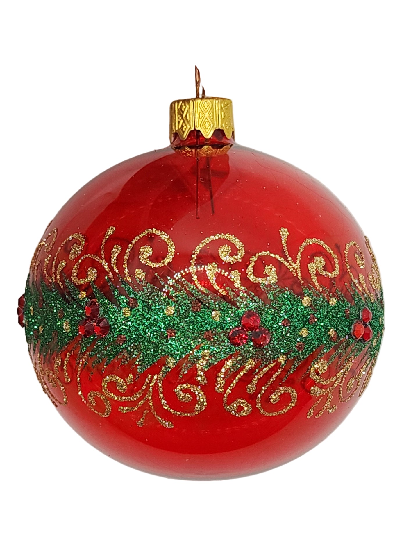 Red Christmas ornament with gold and green decorations against a white background