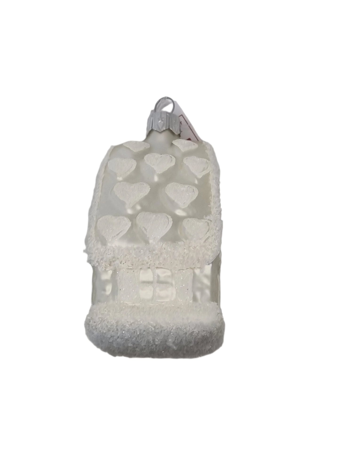 European Glass Christmas ornament of a House | White with Frosted Roof & Hearts (N)