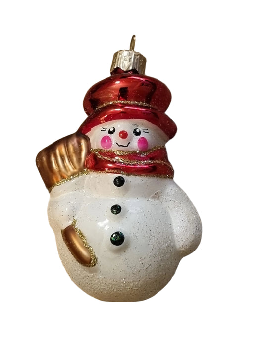 European Glass Christmas ornament of a Snowman with Broom (K)