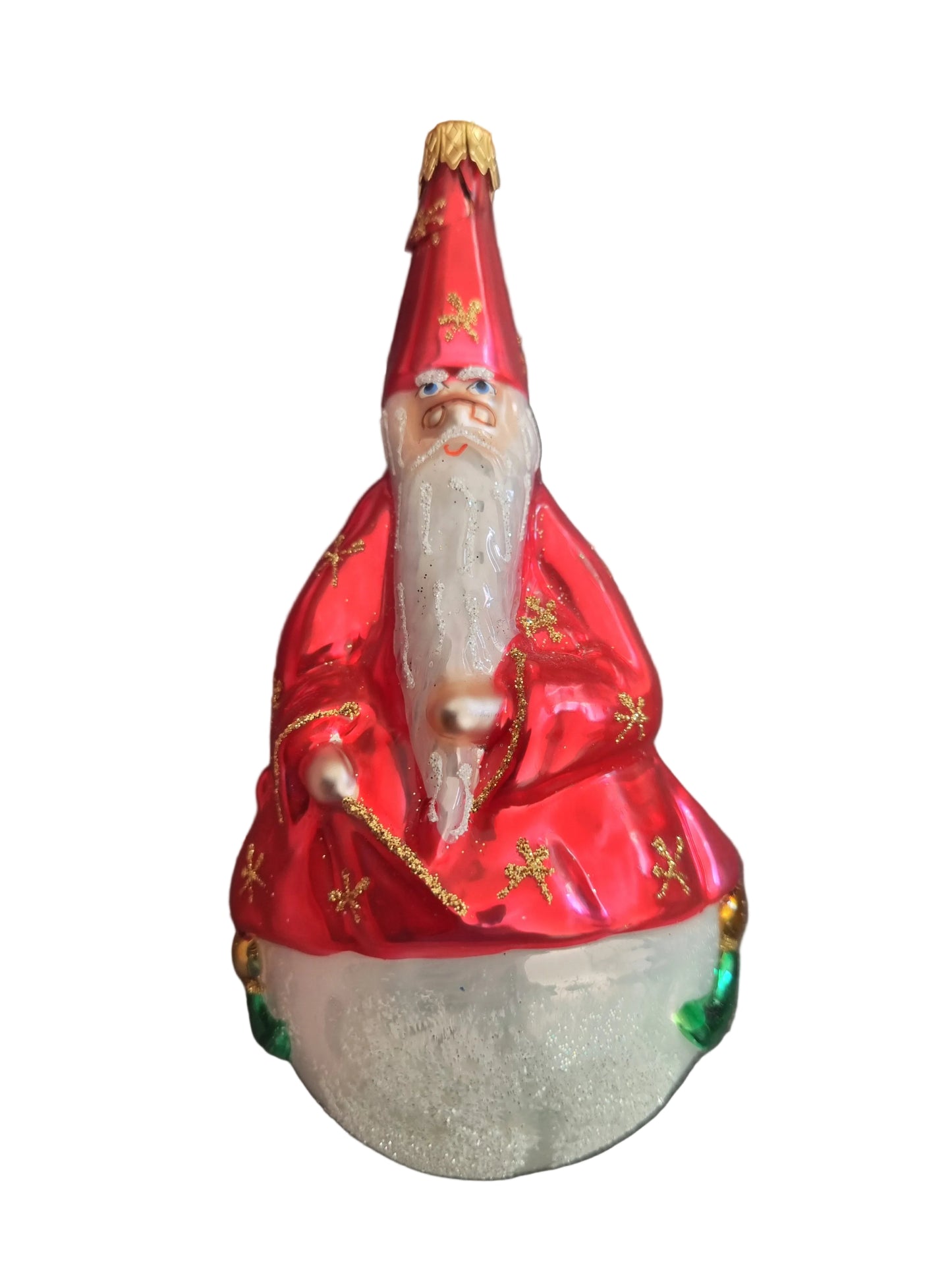 Decorative wizard ornament with glasses and wand and glittery white round bottom