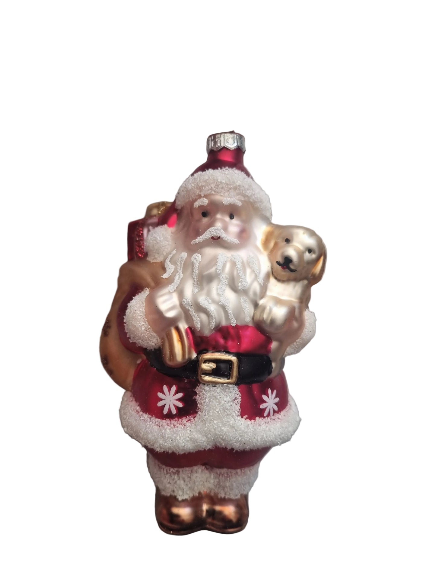 Decorative ornament of a Santa Claus figure holding a puppy and presents
