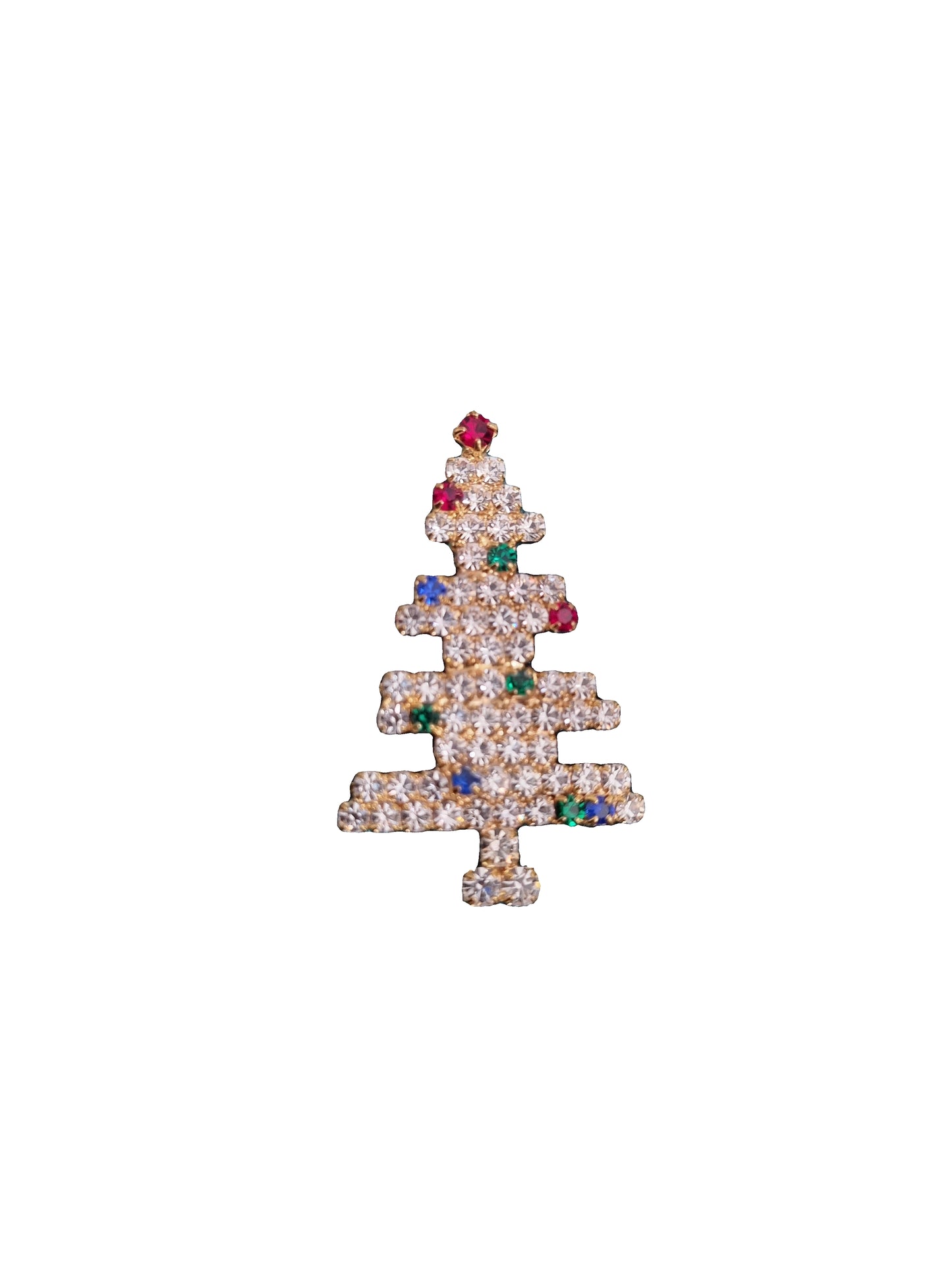 European preciosa Crystal christmas tree brooch from Jablonec wiht red, blue and green crystal baubles and a red top