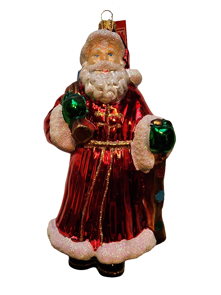 European Glass Christmas ornament of a Santa | Large with Staff and Sack of Presents (Y)