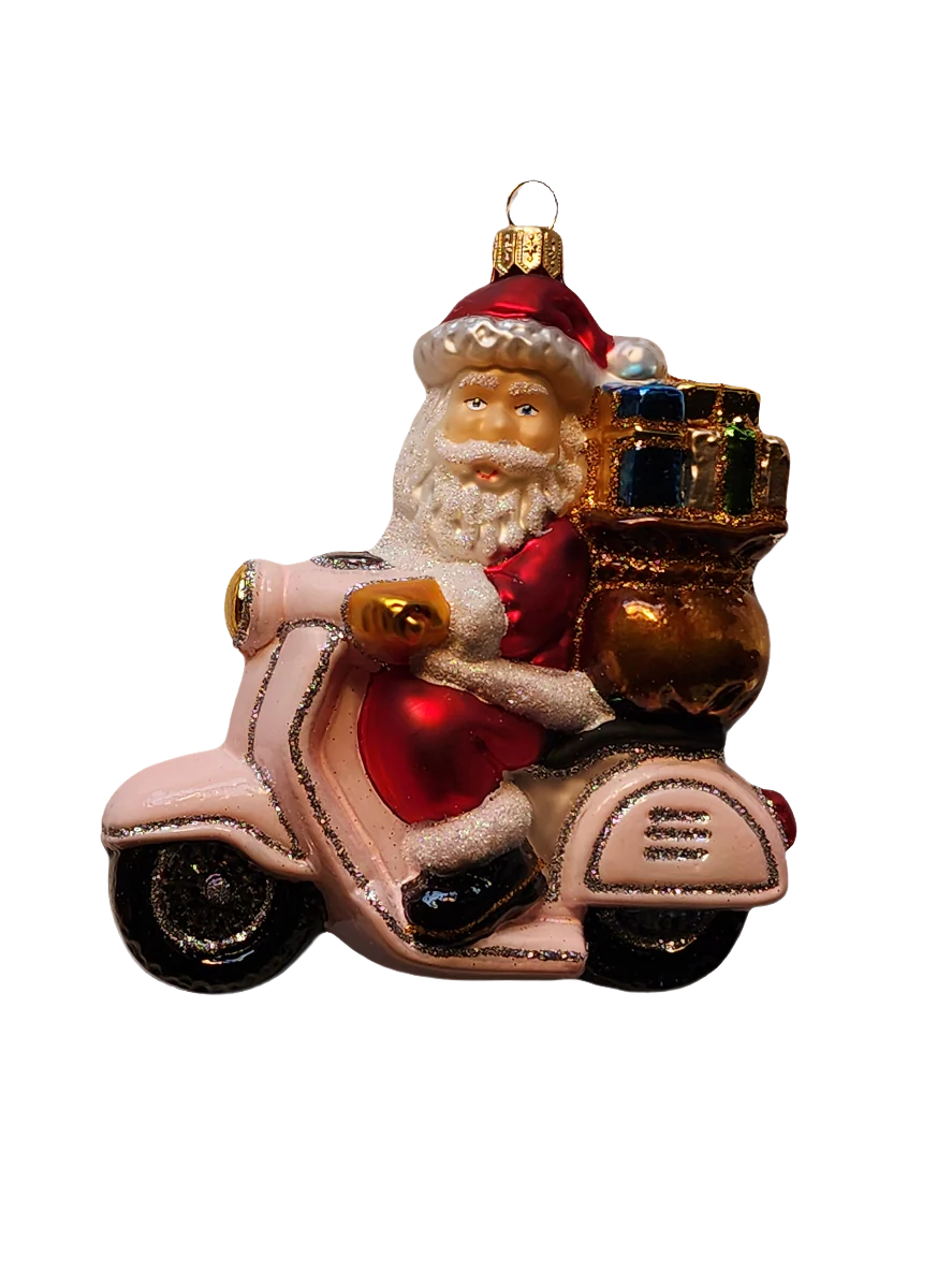 European Glass Christmas ornament of a Santa | on Vespa (Y)