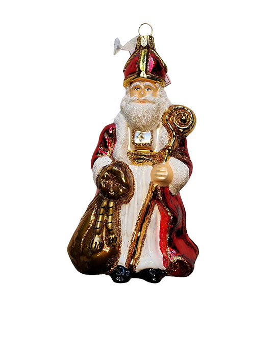 European Glass Christmas ornament of a Sinterklaas | Dutch Santa Clause with Staff and Sack (V)