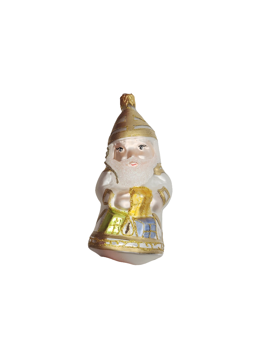 European Glass Christmas ornament of a Golden Santa Clause with Presents (F)
