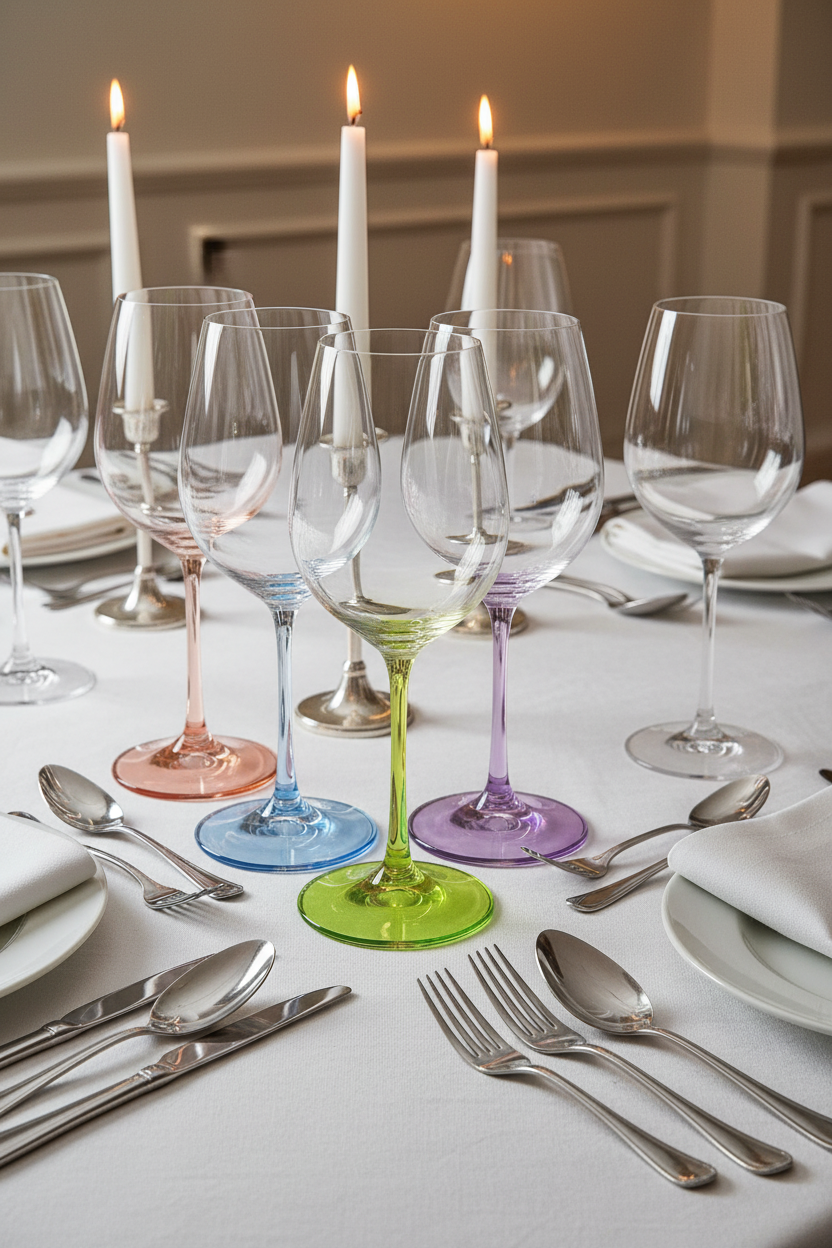 Colorful glassware and silverware on a table with candles