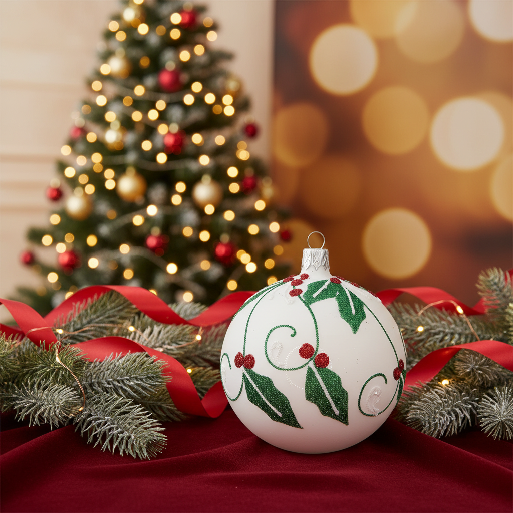 Decorative Christmas ornament with holly design on a red surface, with a blurred Christmas tree in the background.