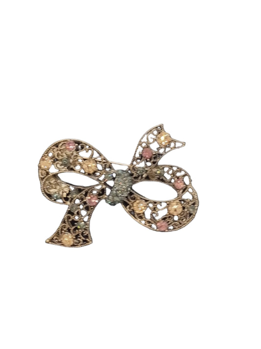 European Glass Christmas ornament of a Filagree Bow with Crystals | Brooch IV
