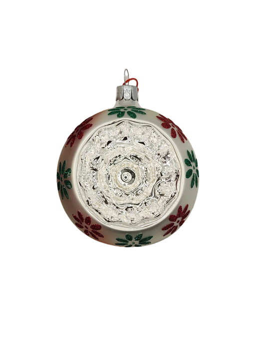 Bauble | Silver Indent with Red & Green Flowers (E)