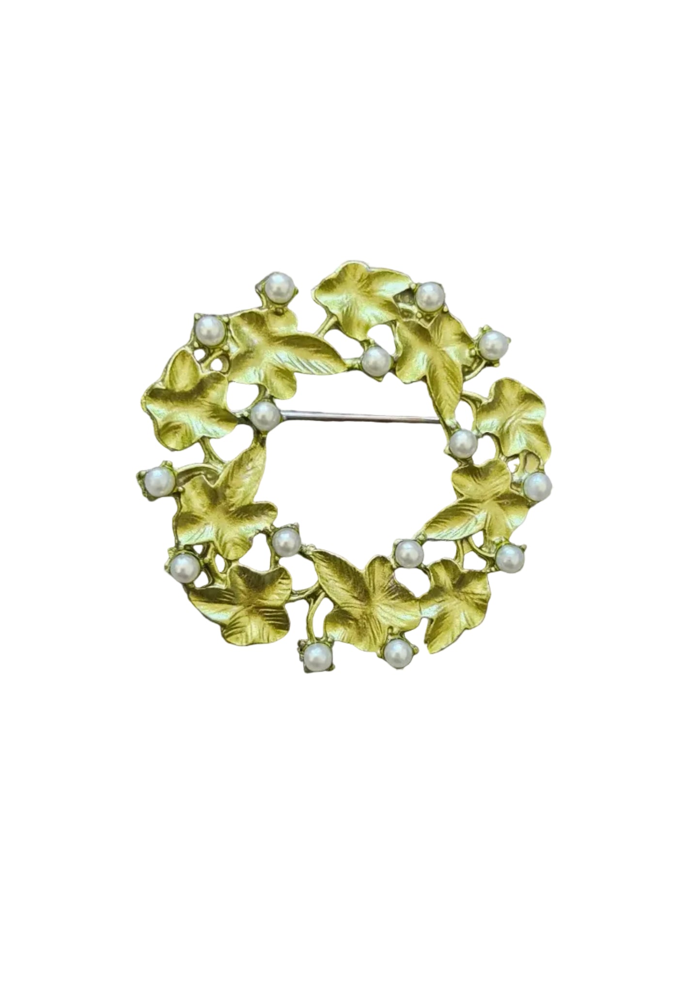 A gold-tone floral brooch featuring textured leaf-like petals and small white pearl accents.