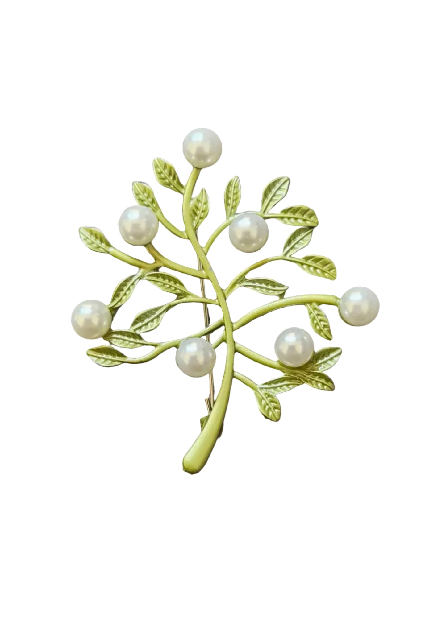 A gold-toned branch brooch decorated with five white faux-pearl beads and textured green leaves.