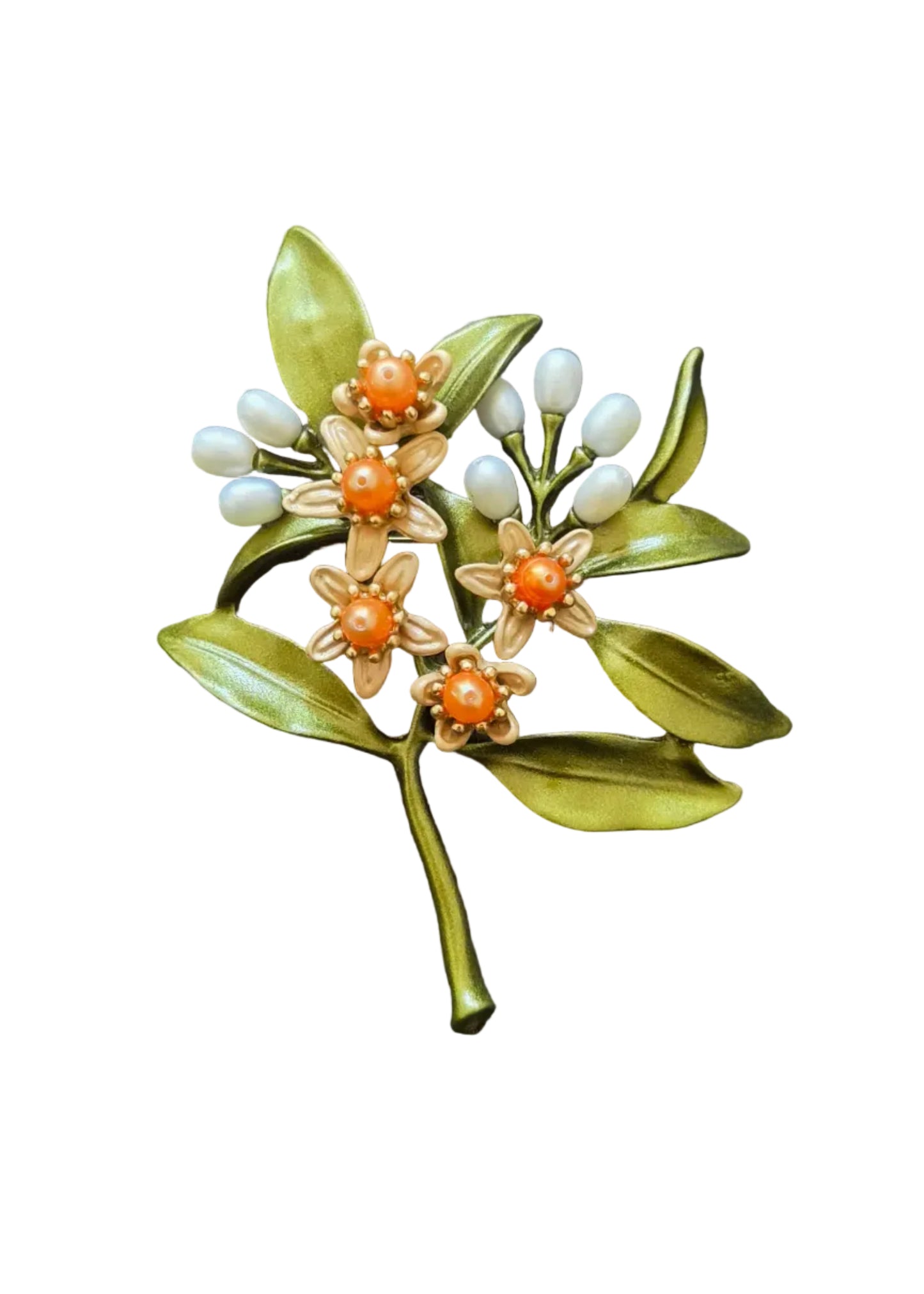 A vintage-style floral brooch featuring gold-tone metal leaves and branches with orange enamel flower centers and small white pearl-like buds.