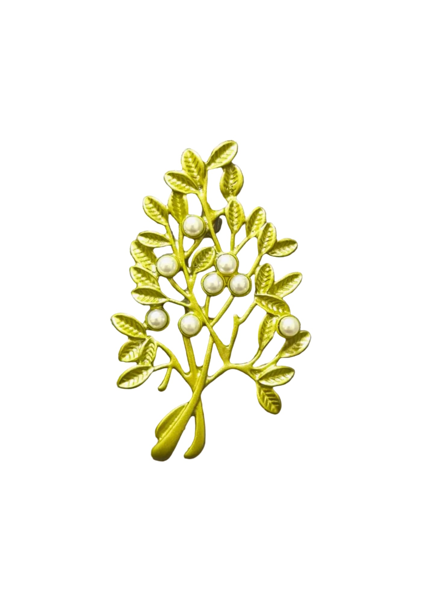 A yellow enamel brooch shaped like a leafy branch with small white pearl-like beads.