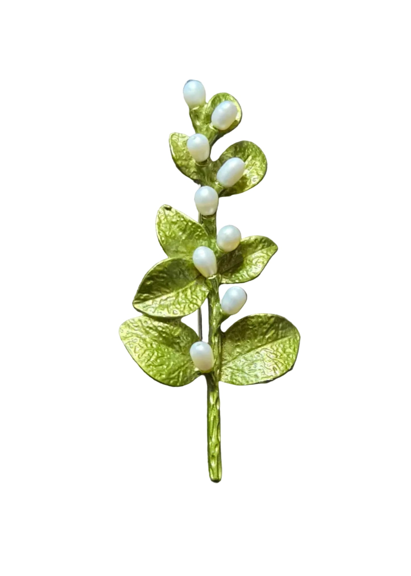 A green faux berry branch brooch with textured leaves and small white pearl-like berries,