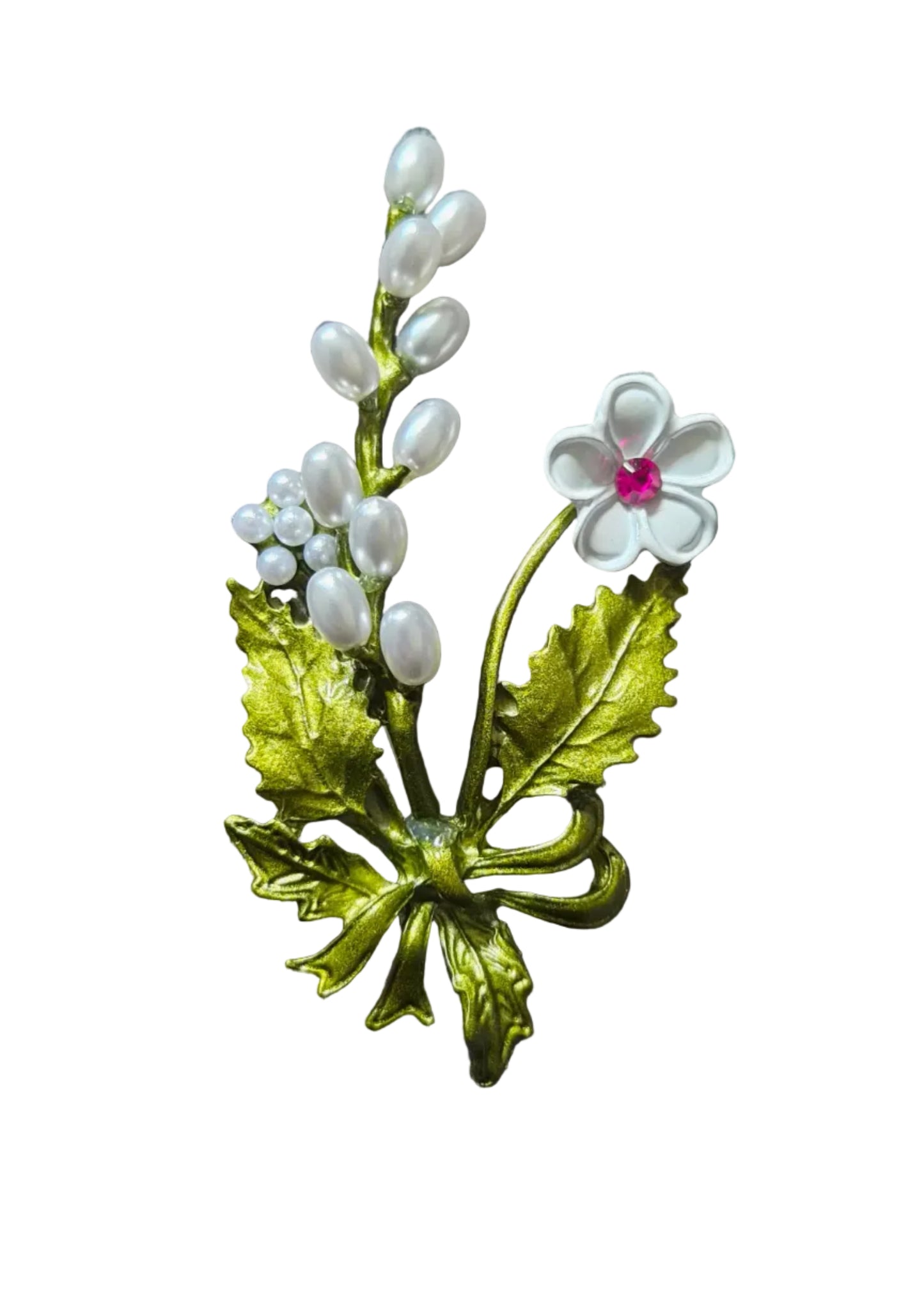 A vintage-style floral brooch featuring shiny gold-toned leaves and white pearl-like blossoms with a small pink centre