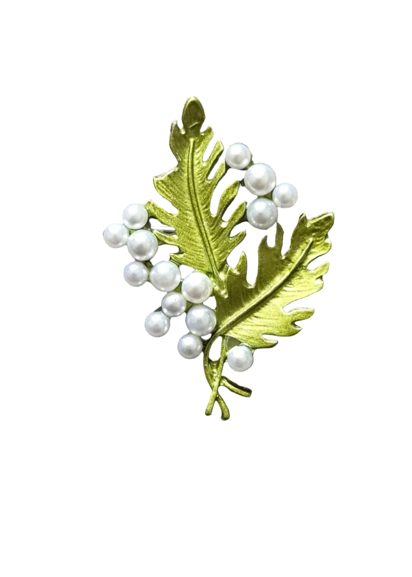 A vintage-style brooch featuring two metallic olive green leaves adorned with small white pearls