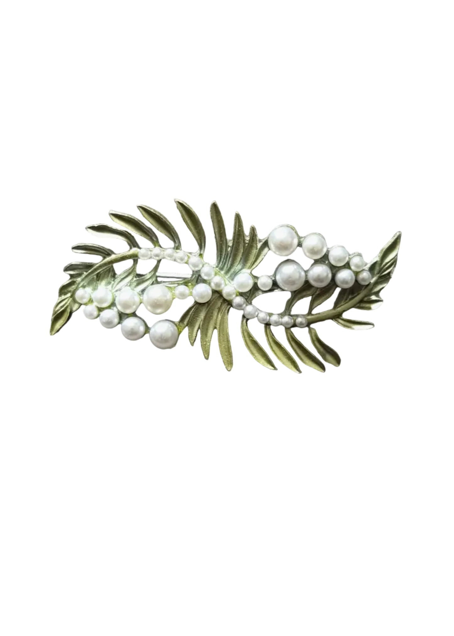A vintage-style brooch featuring gold-toned leaf details and white faux pearls.