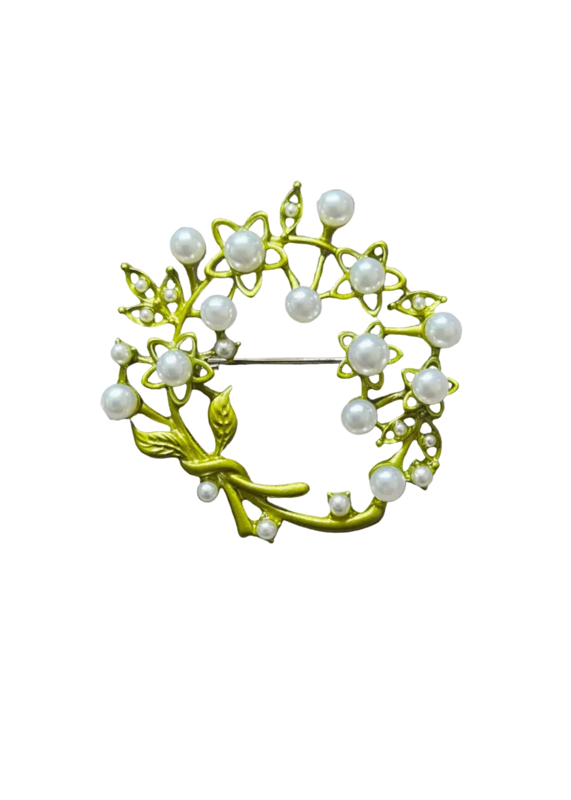 A vintage-style brooch featuring a bright yellow-green metal vine and leaf design adorned with small white faux pearls.