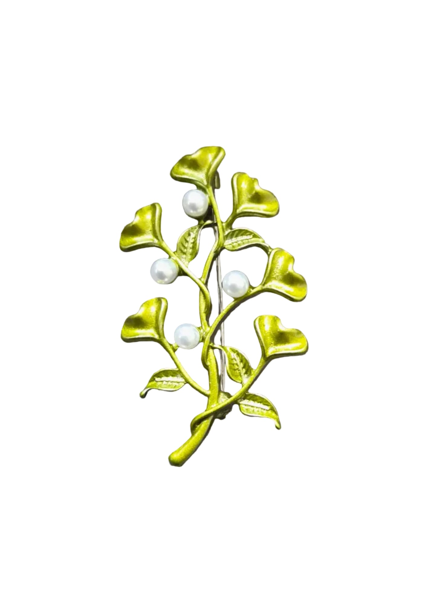 A small floral enamel brooch featuring lime green leaves and five white pearl-like beads