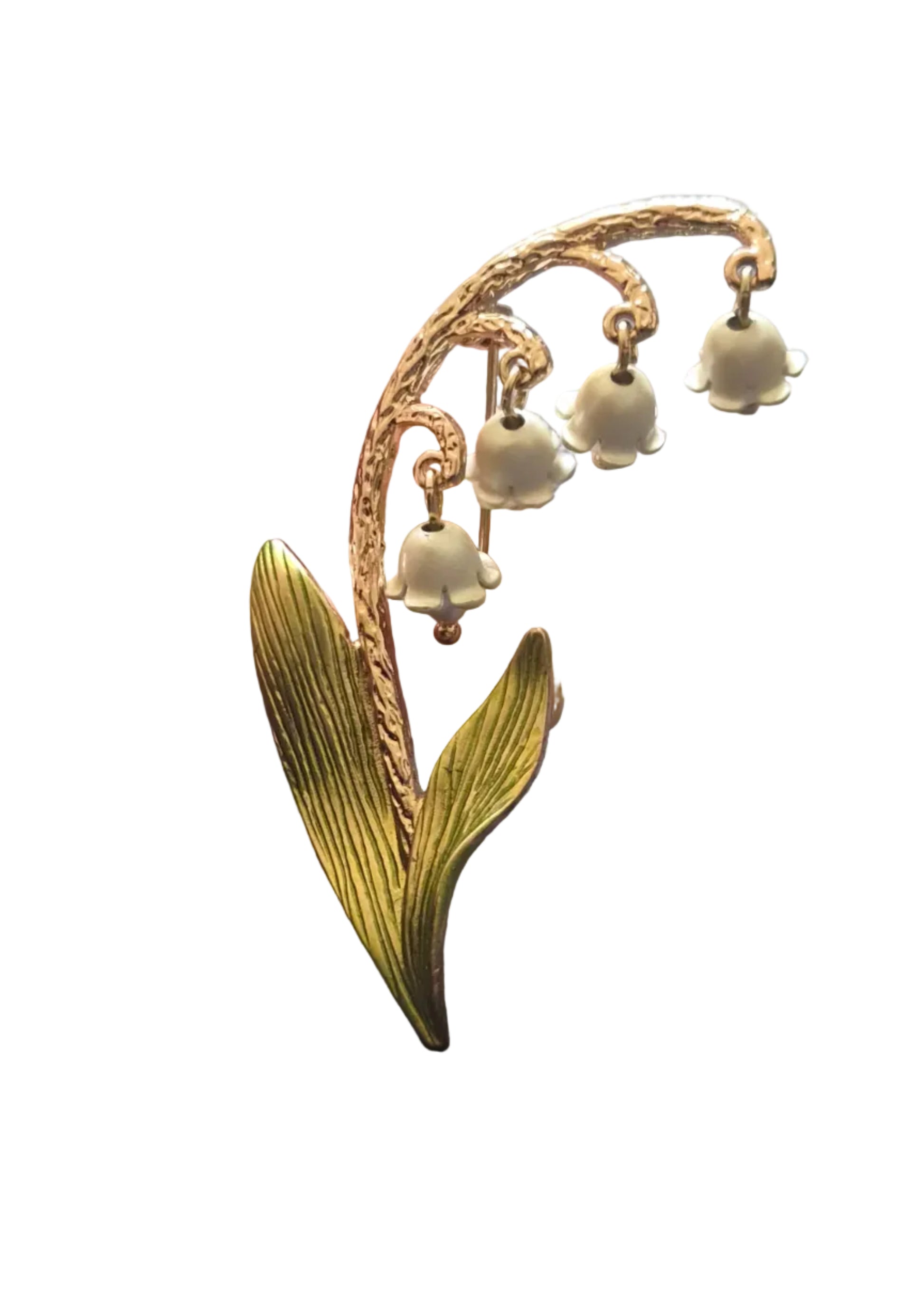 A gold lily of the valley pendant brooch with cream-colored enamel bells,