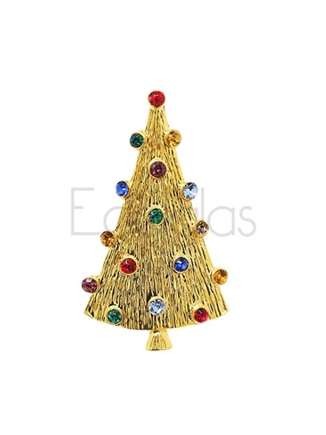 Weihnachtsbaum Brosche Gold mit bunten Steinen 5cm