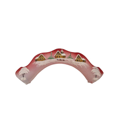 Decorative arch four candle holder with a winter scene design on a red background