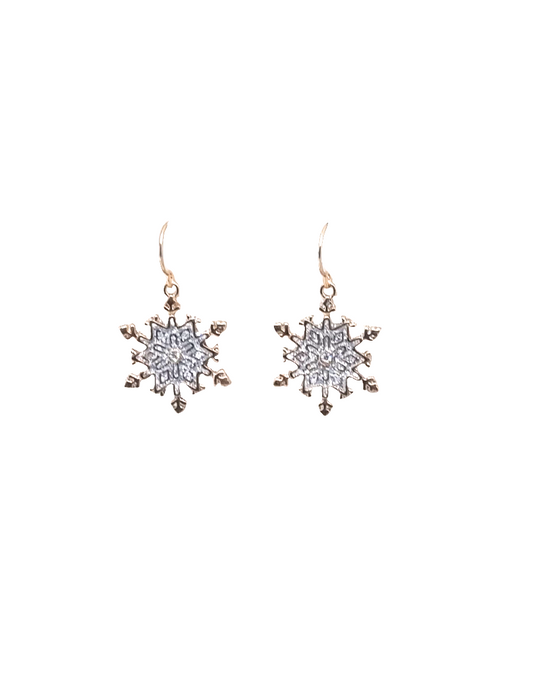 European Glass Christmas ornament of a Diamond Inside Gold Tip Snowflakes | Earrings