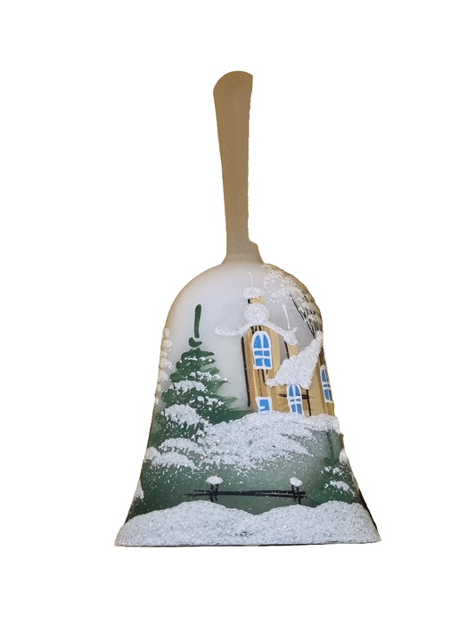 European Glass homewares - a Glass Bell with a snowy winter village scene with with houses and fir trees in a green theme