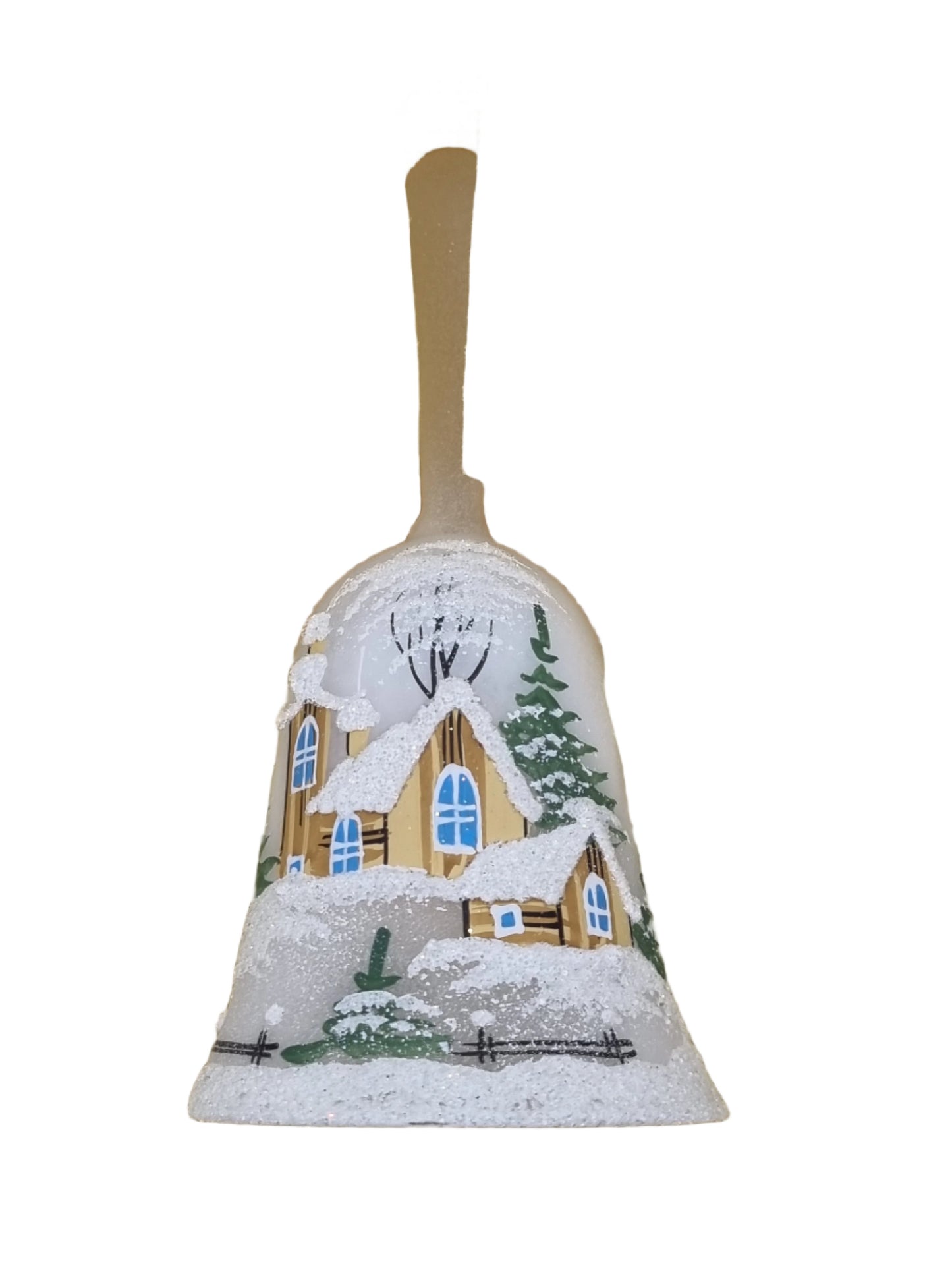 European Glass homewares - a Glass Bell with a snowy winter village scene with with houses and fir trees in a white theme