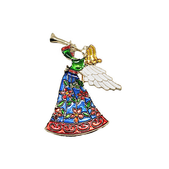 European Glass Christmas ornament of a Colourful Angel with Trumpet 4cm | Brooch V