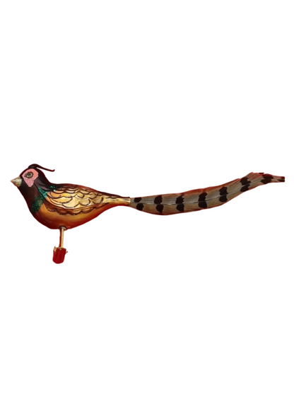 A decorative glass bird ornament shaped like a pheasant or peacock, shown against a plain white background.