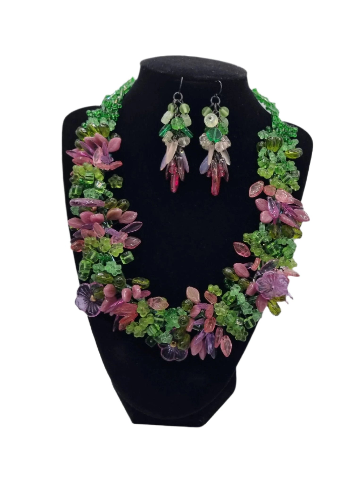 Pink & Green Crystal Necklace with Earrings