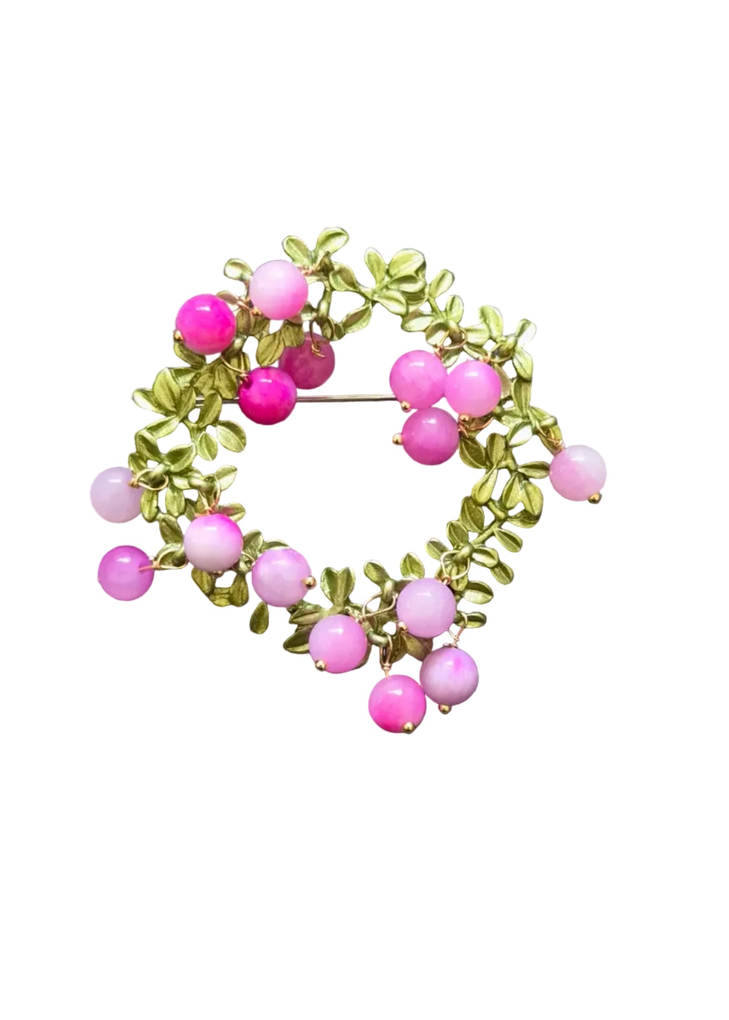 A gold-tone berry wreath brooch featuring pink and white faceted beads.