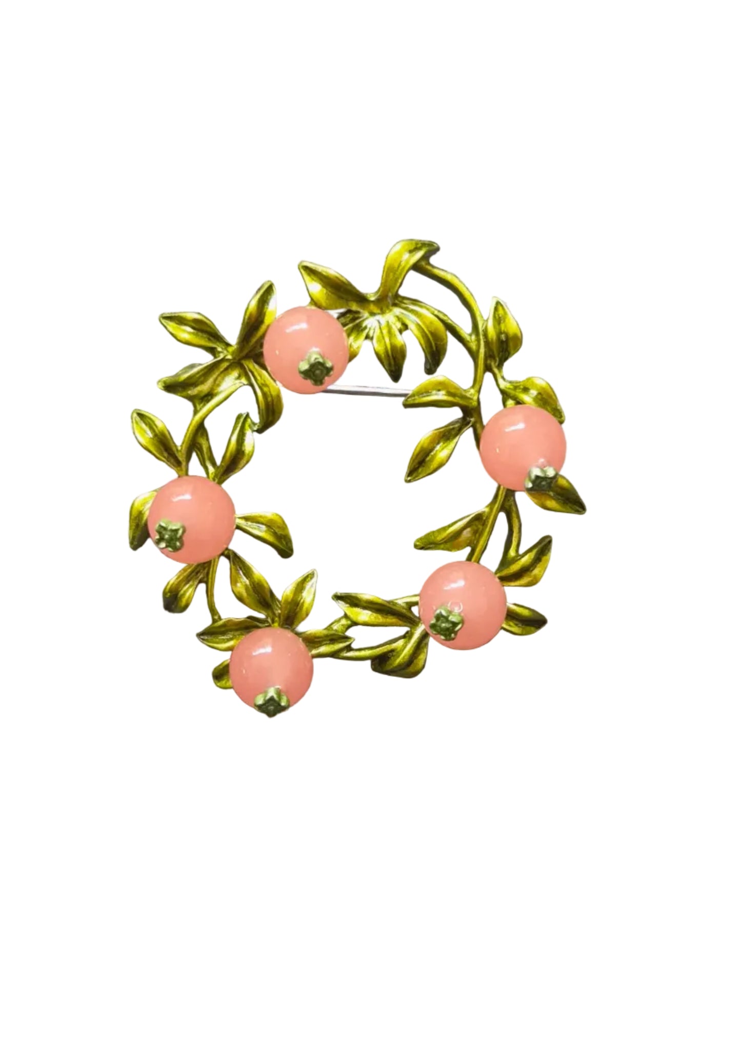 A vintage-style brooch featuring five glossy peach-pink oval beads set in an olive-green leafy wreath design.